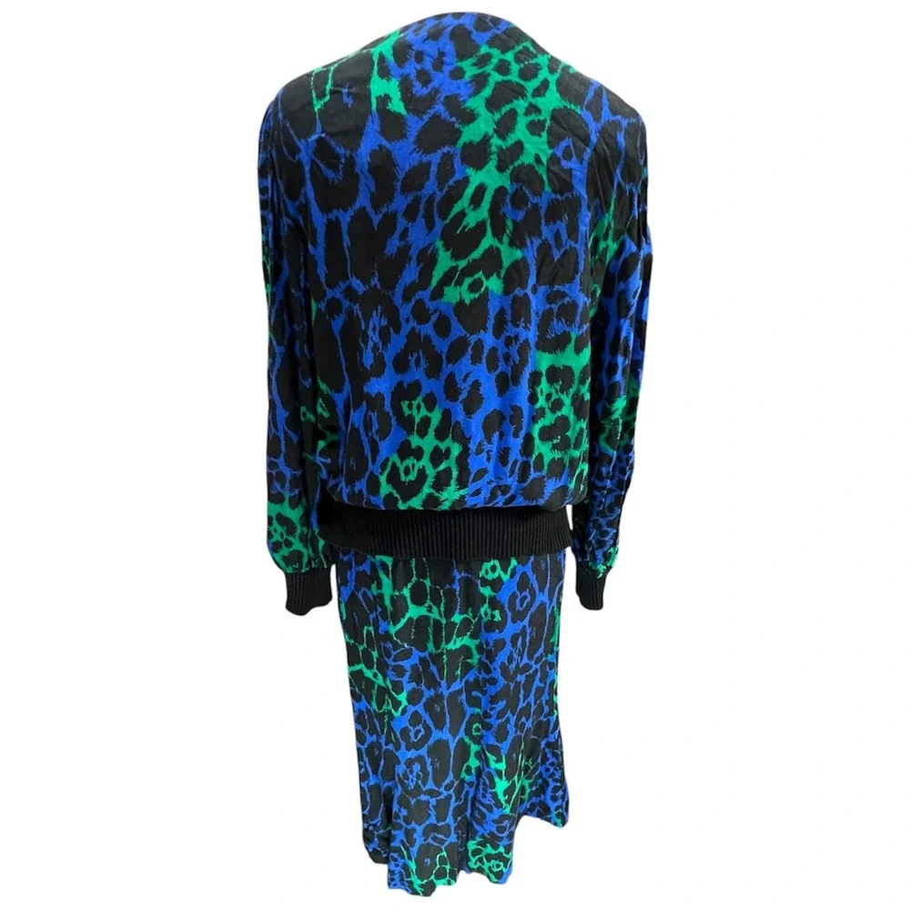 VTG 80s Glam Leopard Print 2 Piece Set Electric Blue Skirt Top Blouse Midi Funky